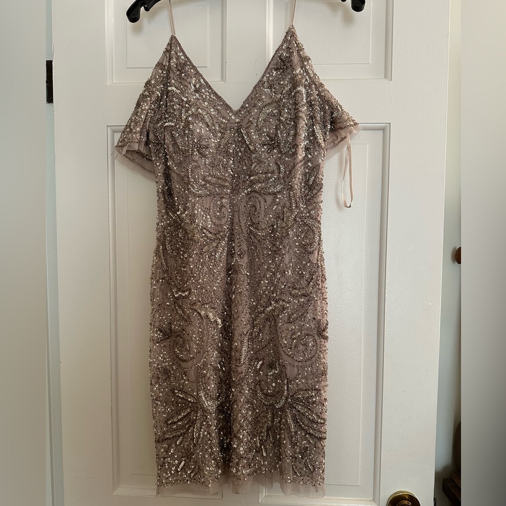 Aiden Maddox beaded dress. Blush color. Cold shoulder sheath style dress.